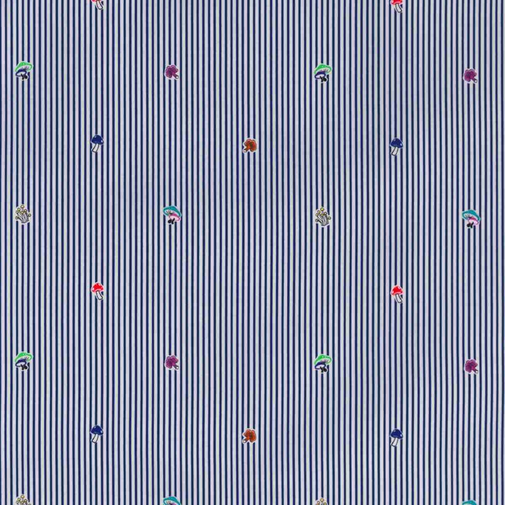 WHITE, BLUE STRIPES AND MINIPRINT DESIGN(MUSHROOM)